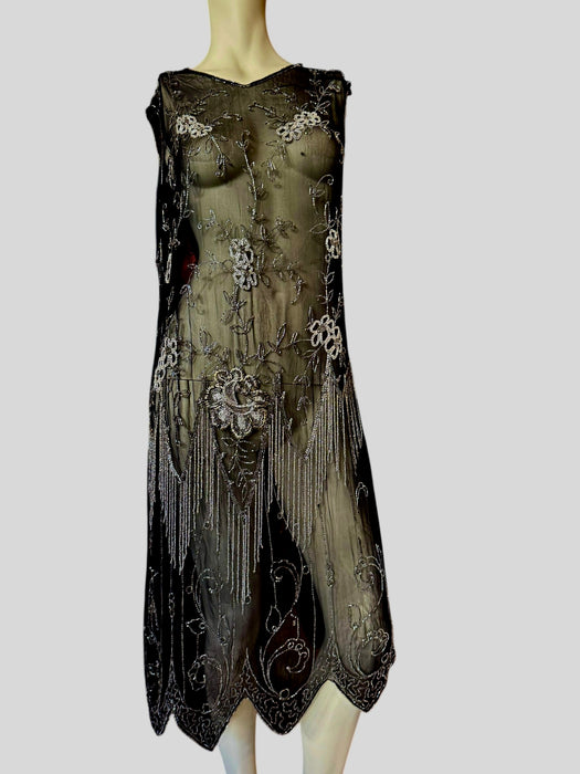 Tory, 20s black silk beaded fringed flapper dress