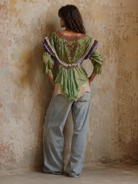 Monique, reworked Victorian hand dyed cotton and beaded lace jacket with art deco clasp
