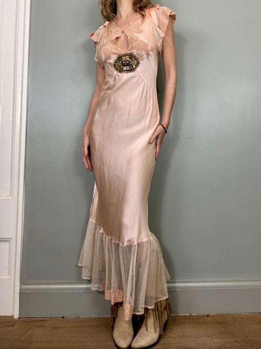 Aura, 30s light pink silk, lace and net frill dress