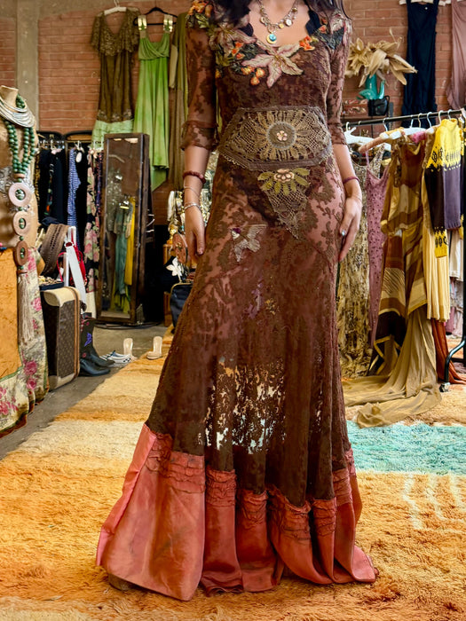 Arlo, 1930s burnt orange lace bias cut dress with Edwardian metallic embroidery and hand made silk florals