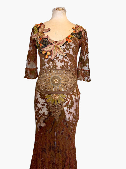 Arlo, 1930s burnt orange lace bias cut dress with Edwardian metallic embroidery and hand made silk florals