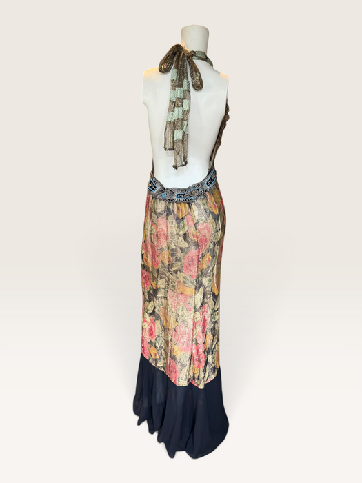 Dray, reworked 1920s floral lamé and metallic dress with glass black jet beaded fringed waistband