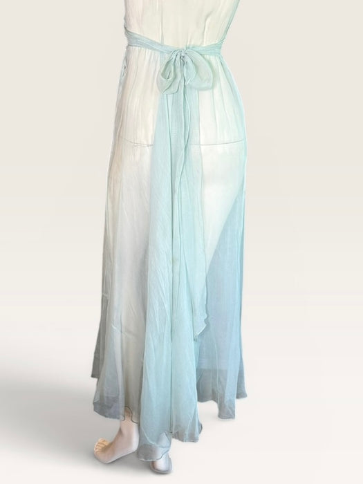 Ettore, original 30s pale blue silk chiffon dress with waist tie and frill shoulders