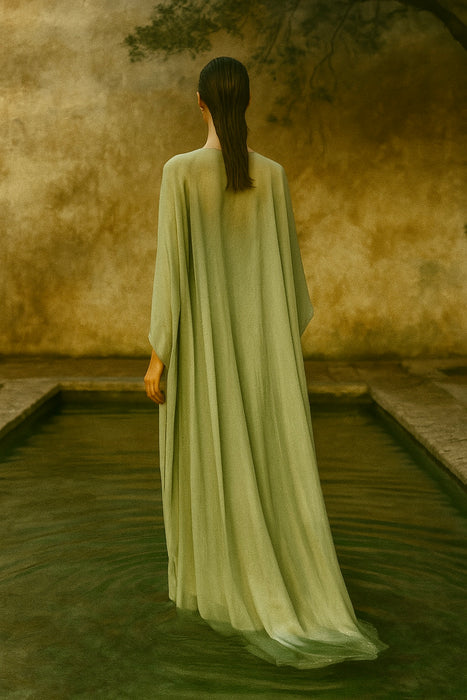 Emma, 1970s, silver beaded hand dyed chiffon dress and matching beaded robe and tie