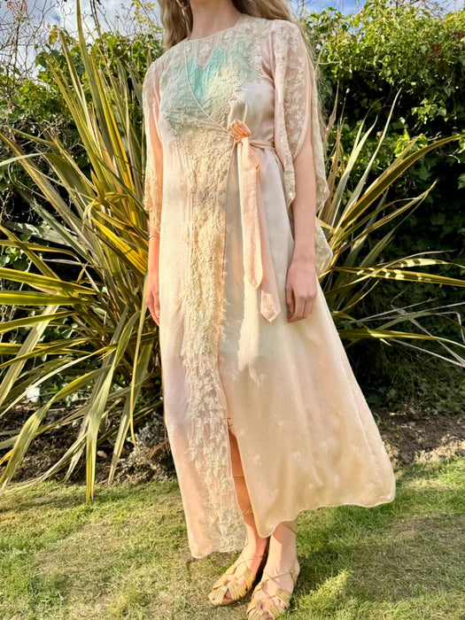 Constance, 20s pink damask silk and lace robe