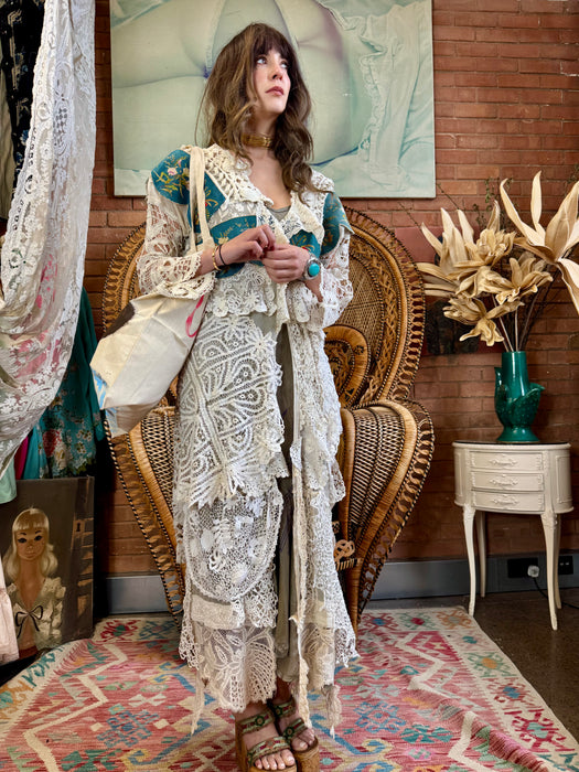 Joyce, reworked antique lace and needlepoint coat