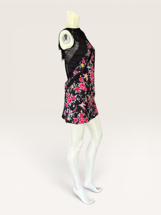 Blackbird, reworked 40s black silk piano shawl floral short dress