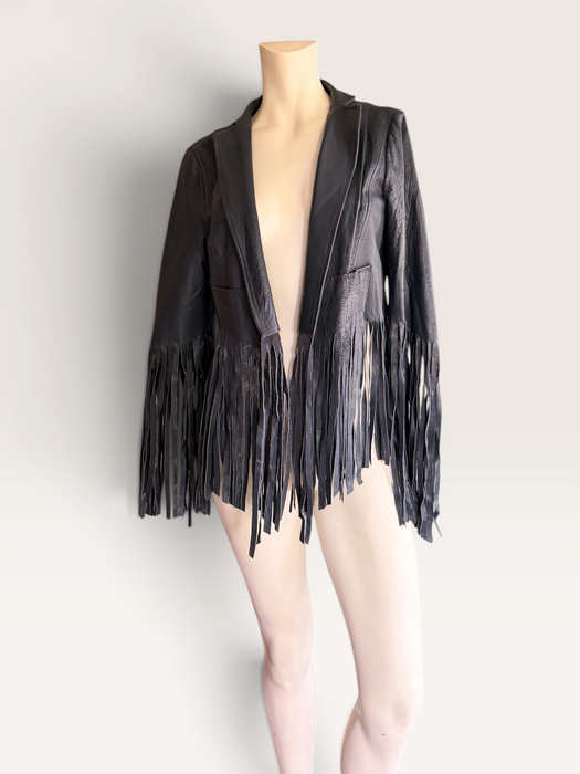Kate Moss, for Top Shop Y2K navy leather fringed jacket