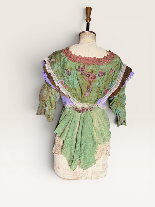 Monique, reworked Victorian hand dyed cotton and beaded lace jacket with art deco clasp