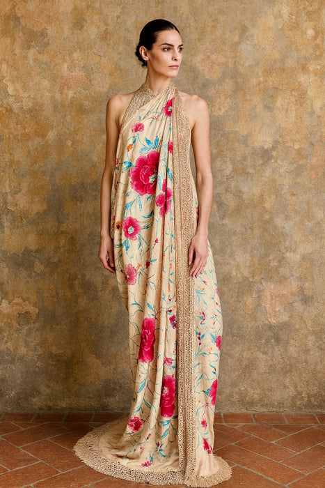 Allia, reworked 40s floral embroidered piano shawl dress