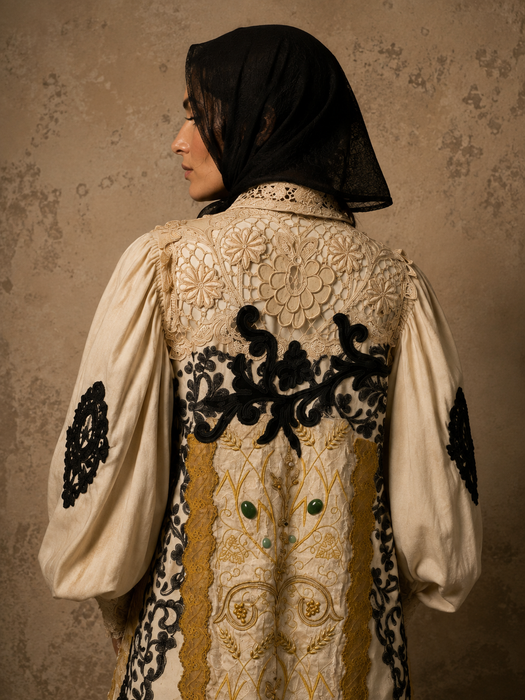 Veronica, reworked Edwardian cream and lace wool coat with gold thread beading