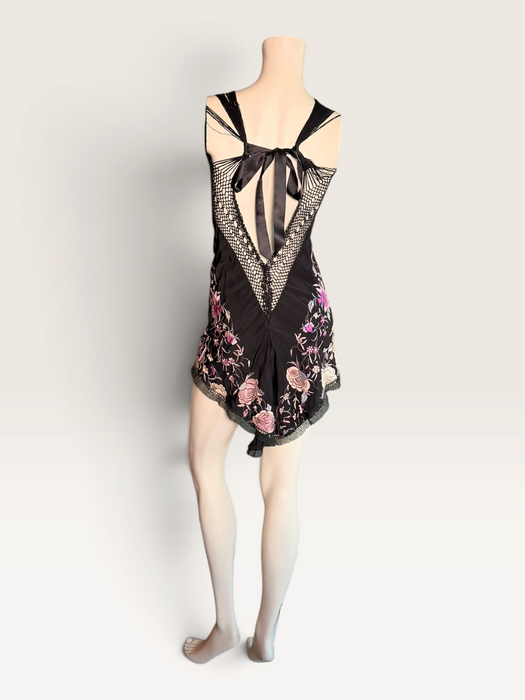 Cody, reworked 1940s black silk embroidered piano shall mini dress