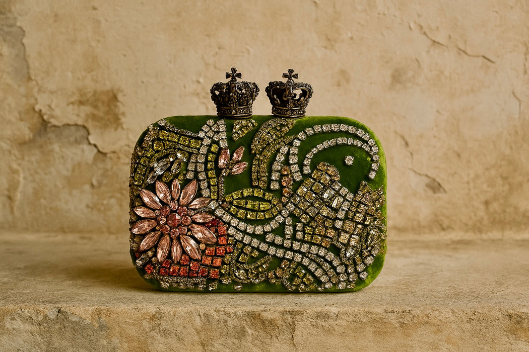 Alexander McQueen, velvet embroidered skull beaded bag