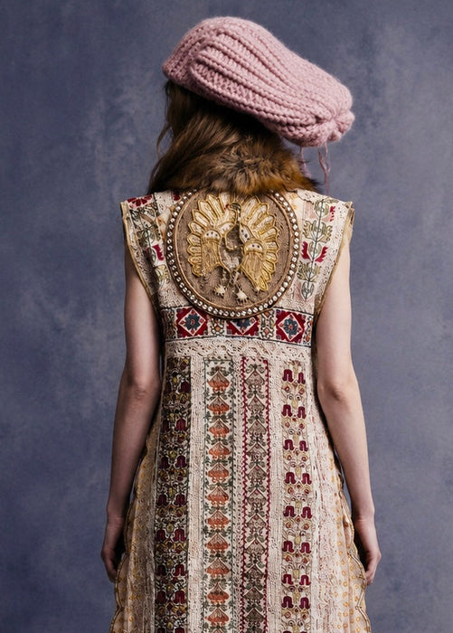 Chiara, 19th C Greek hand woven embroidered waistcoat with a faux fur collar and beaded side pocket