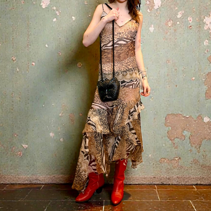 Lola, 90s mixed animal print silk chiffon  bias cut frill dress