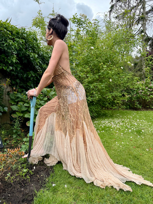 Sienna, reworked 90s beaded soft gold dress with cheesecloth inserts