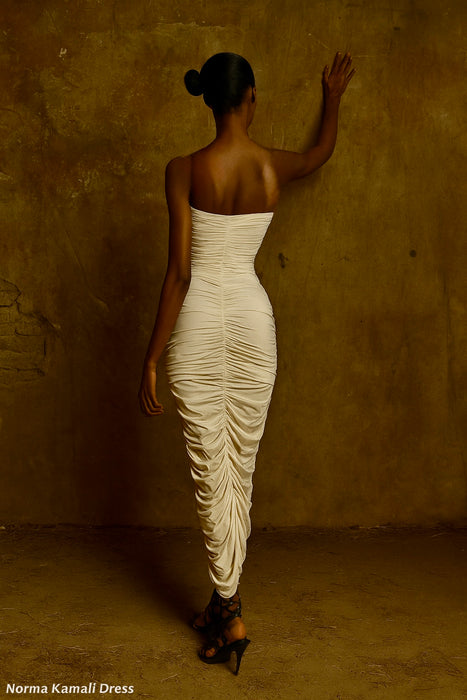 Norma Kamali, 70s cream jersey draped asymmetric body-con dress