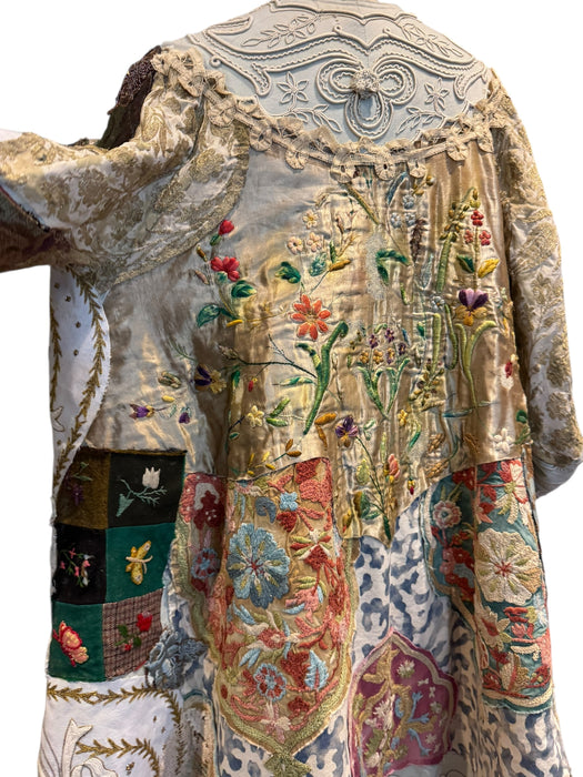 Traina, reworked Museum worthy Victorian, patchwork coat with original gold buttons