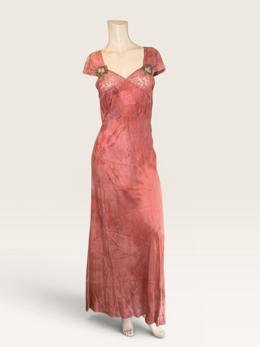 Martha, hand dyed 1930s silk and lace dress with hand made metallic rosettes