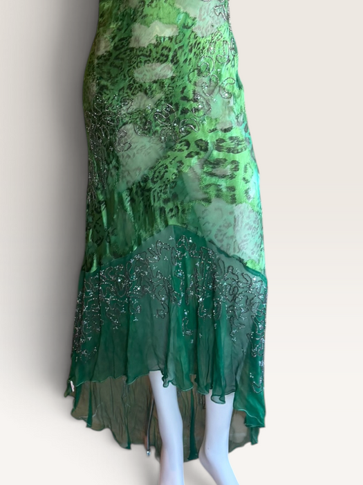 Lola, 90s beaded bias cut asymmetrical animal print dress