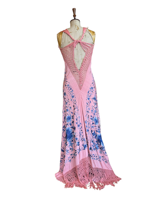 Lali, reworked 40s pink and blue fringed piano shawl embroidered dress