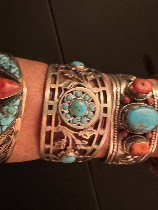 Julia, antique Native American silver turquoise cage etched cuff