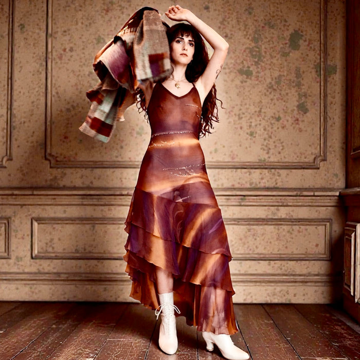 Felix, 90s silk chiffon beaded bias cut frill dress