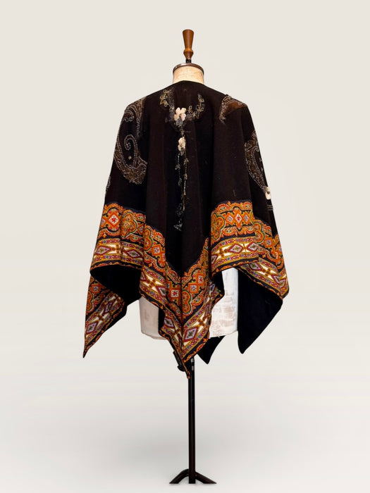 Marina, 70s paisley wool cape with 20s beading and floral embroidery