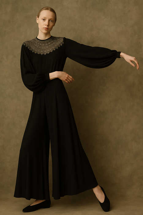Beluga, reworked 30s black crepe and rhinestone jumpsuit with balloon sleeves