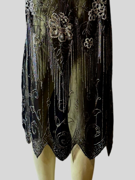 Tory, 20s black silk beaded fringed flapper dress