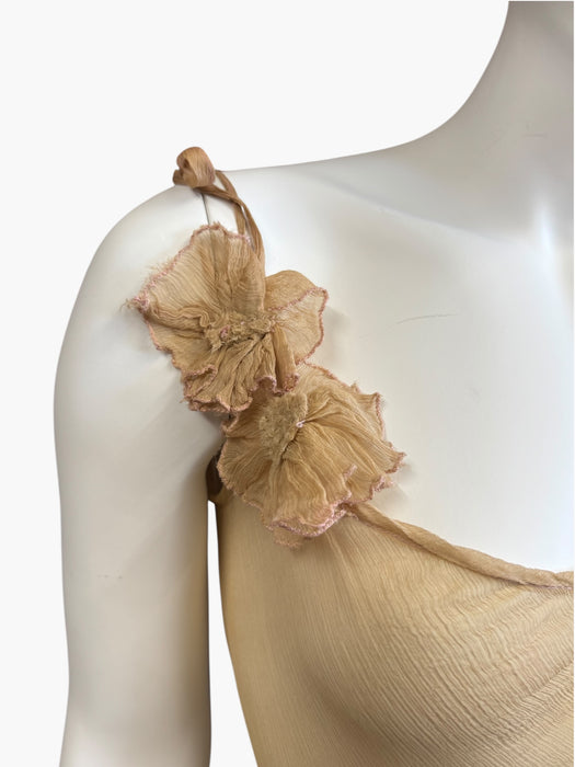 Laine, bias cut silk chiffon and pink dyed handkerchief dress with rosettes