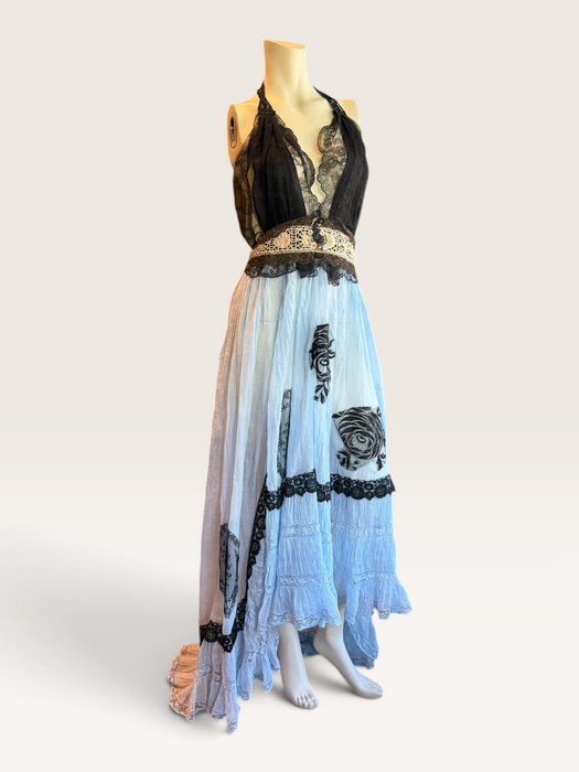 Portia, hand dyed Victorian pale blue cotton and black Chantilly lace dress