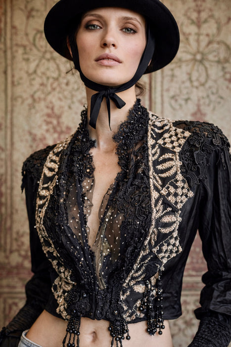 Raine, embellished Victorian silk and beaded silk black jacket