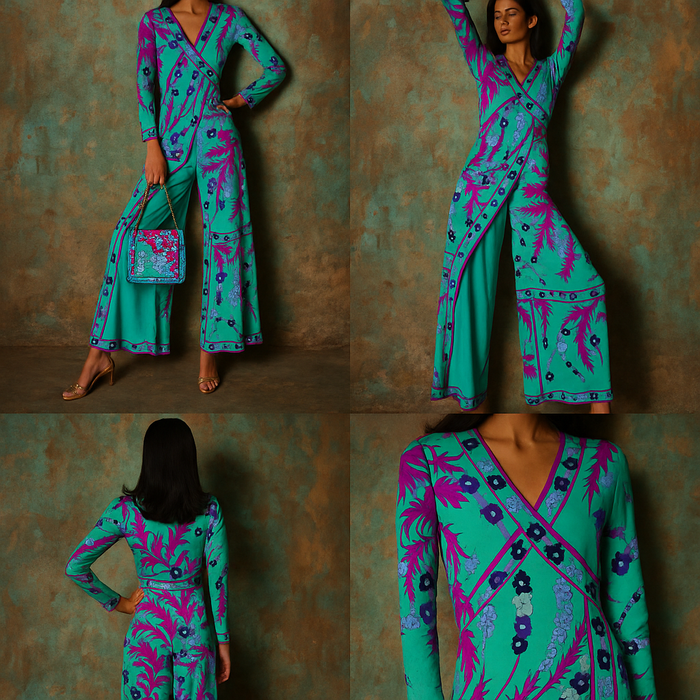 Emilio Pucci, rare and collectible 60s silk jersey wrap over jumpsuit