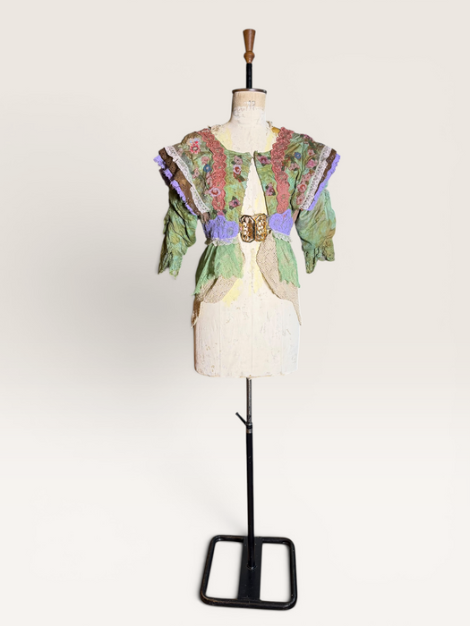 Monique, reworked Victorian hand dyed cotton and beaded lace jacket with art deco clasp