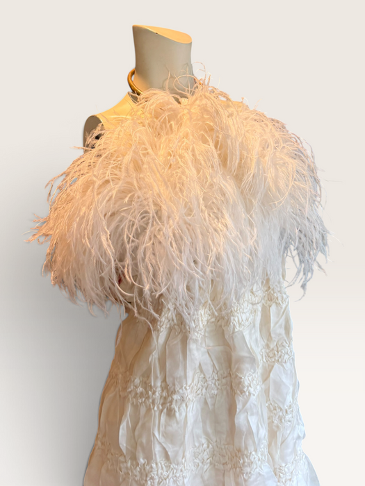 Bodie, vintage white ostrich feather and Victorian silk ruffle skirt