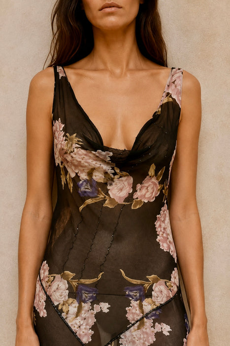 Taylor, 90s beaded bias cut floral print asymmetric dress