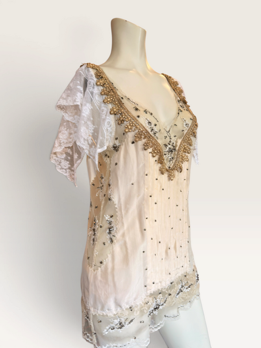 Ally, reworked 1920s silk and lace tunic with rhinestone detailing