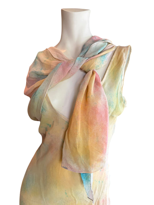 Aline, hand dyed 30s silk bias cut dress with attached belt/cape