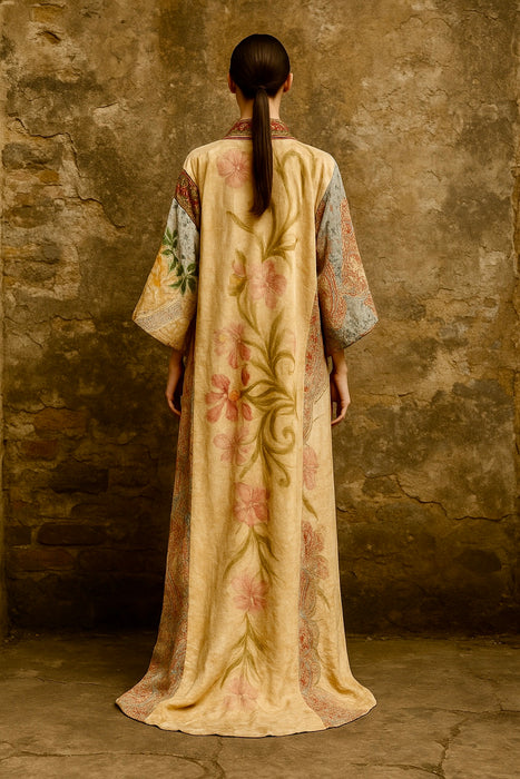 Moana, reworked 40s silk patchwork and hand painted velour long kimono