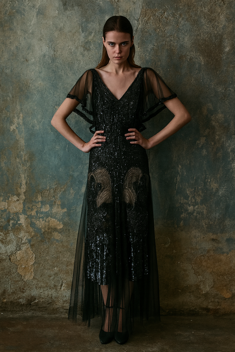 Megan, original 20s black sequins and net dress dress with beaded belt
