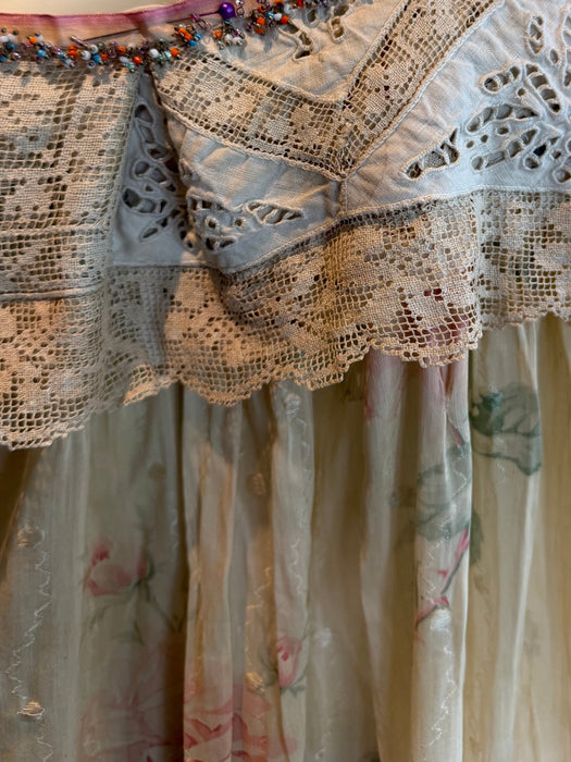 Mattie, reworked Victorian frill, floral cotton dress and lace beaded details