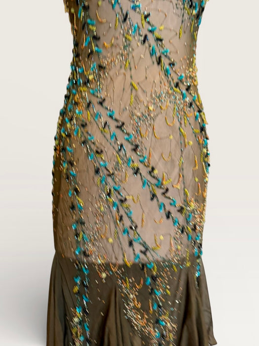 Tory, 90s beaded kaki green bias cut chiffon handkerchief dress