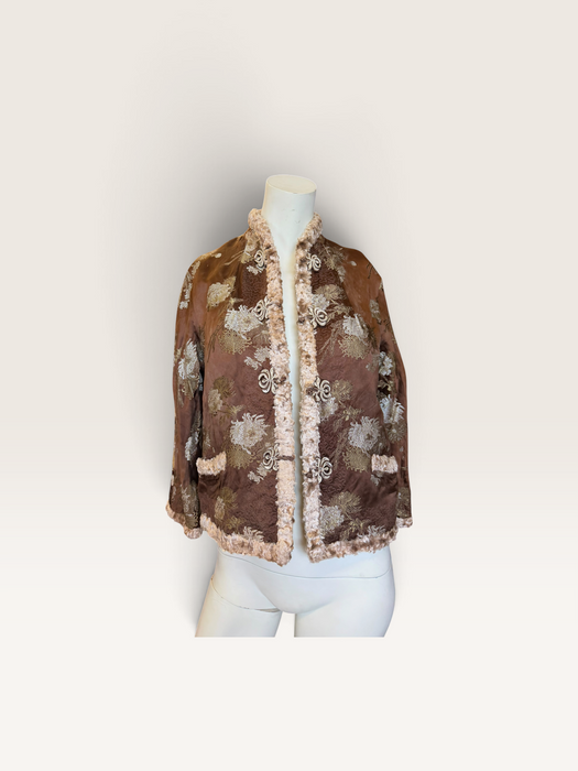 Edina, 70s Oriental camel silk damask teddy lined jacket