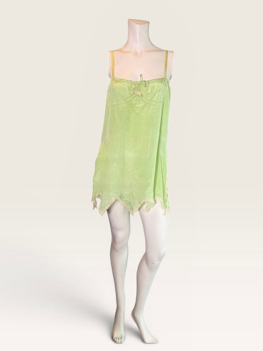 Tara, 1920s apple green silk and lace scalloped short dress with floral ribbon detail