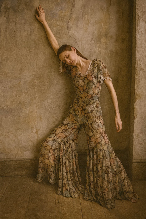 Georgie, reworked 30s floral chiffon flair jumpsuit