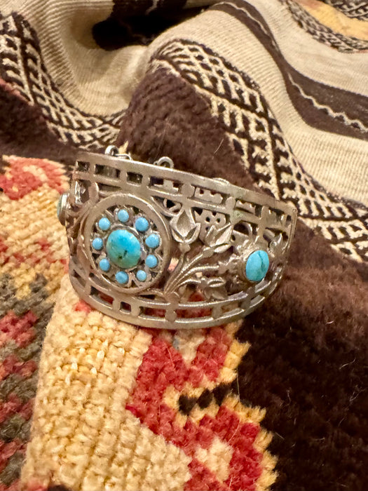 Julia, antique Native American silver turquoise cage etched cuff