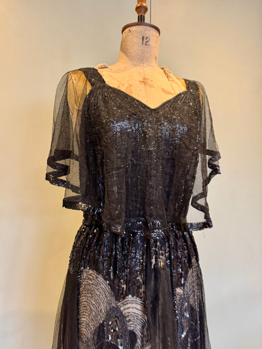 Megan, original 20s black sequins and net dress dress with beaded belt