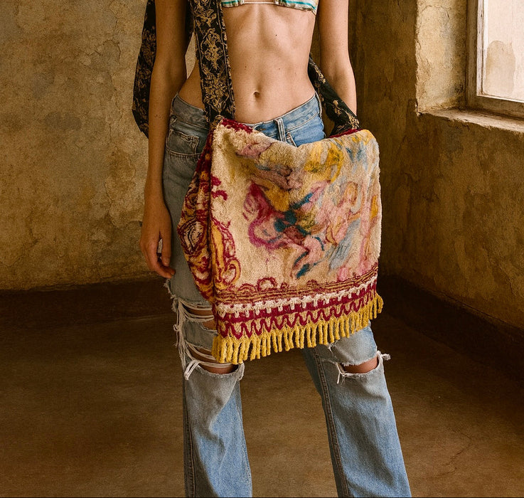 Carla, reworked vintage velour fringed satchel
