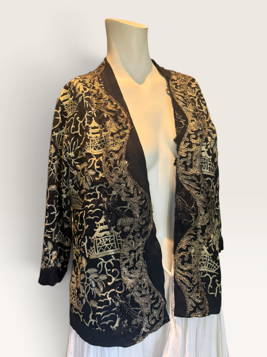 Pagoda, 1930s Chinese embroidered silk jacket with metallic gold embroidery
